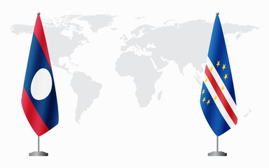 Laos and Cape Verde flags for official meeting against background of world map.