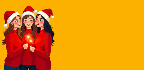 Fototapeta premium Three Happy Young Women's holding Burning Sparkler on yellow background. Banner or greeting card, Copy Space. Christmas or New Year celebration