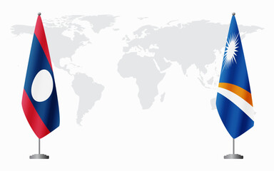 Laos and Marshall Islands flags for official meeting against background of world map.