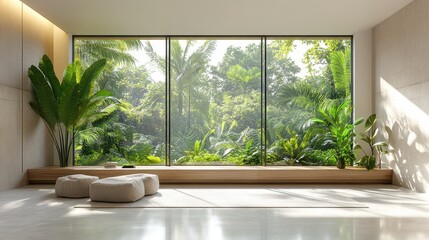 Fototapeta premium Bright and airy interior featuring large bay window with lush greenery outside. minimalist design enhances natural light, creating serene atmosphere