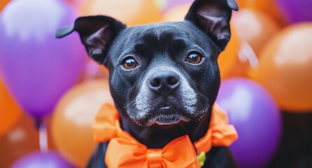 
A cute black Staffordshire bull terrier dog dressed for Halloween, with orange and purple balloons in the background