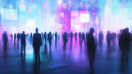 Silhouettes of people in an abstract city with neon lights.