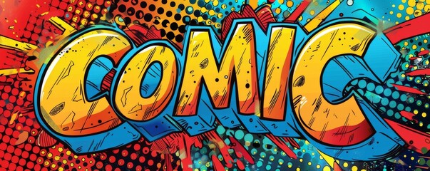 Colorful pop art background with "COMIC" text. Electric theme, Bold graphics, Dynamic vector background