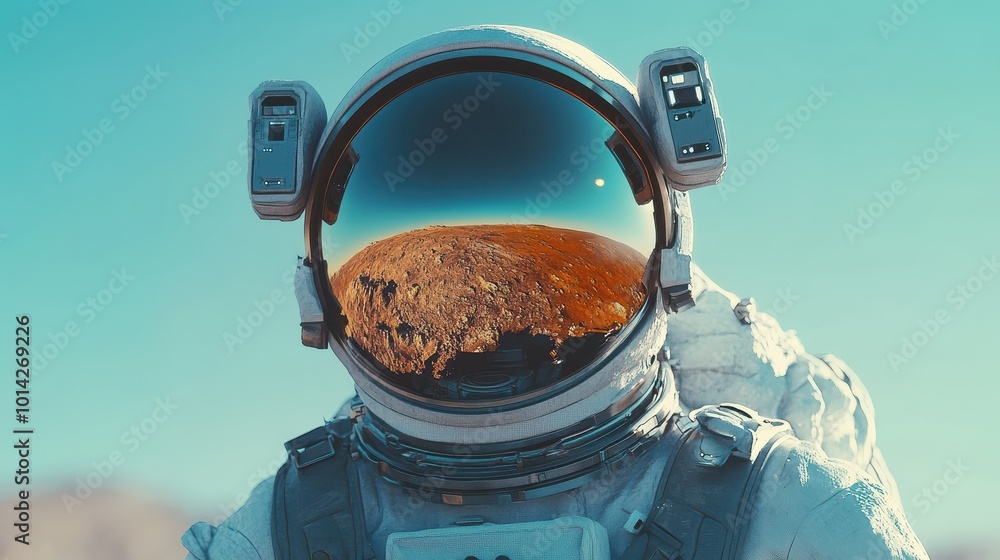 Poster generative ai illustration of unrecognizable astronaut in protective extravehicular mobility unit wi