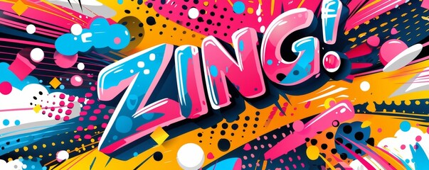 Playful pop art background featuring "ZING!" Dynamic visuals, Bold patterns, Colorful vector
