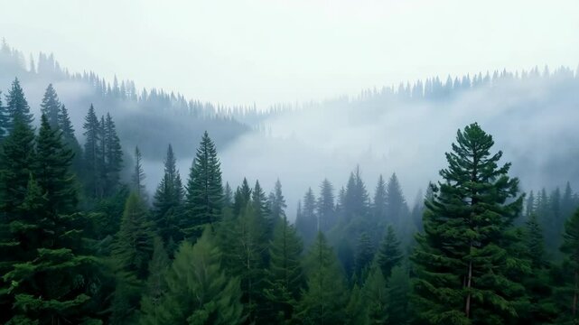 A vast expanse of towering pine trees extends into the misty horizon blanketed by early morning fog. The fog creeps through the forest giving it a mysterious and calming atmosphere.