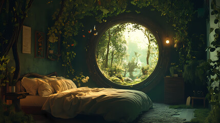Cozy bedroom with magical forest portal. Magical Forest Portal. Illustration