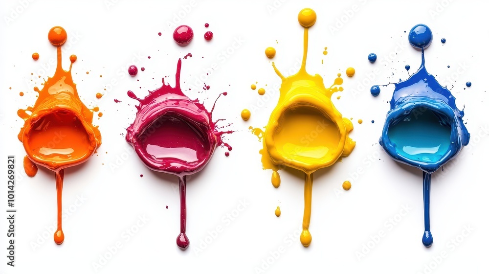Poster splats splashes and blobs of brightly colored paint in different shapes drips isolated on white