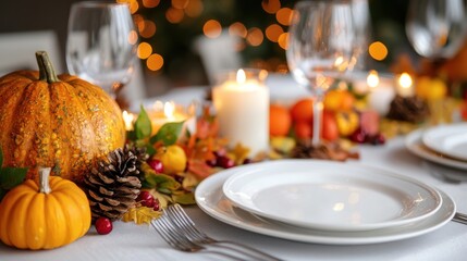 Family Thanksgiving Celebration: Heartfelt Embrace at Dinner Table Surrounded by Harvest Decor and Candles