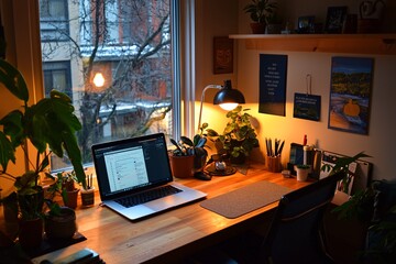 A warm and inviting workspace features stylish decor, ample lighting, and a laptop on a wooden desk, fostering creativity and productivity.