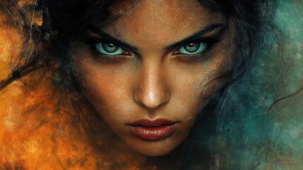 Fototapeta premium A striking portrait of a woman boldly confronting the viewer with fierce, penetrating eyes that radiate defiance.