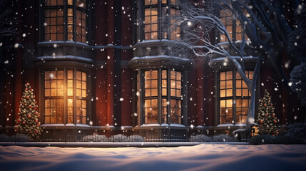 Fototapeta premium Snow Covered Street Night Scene with Street lights Holiday spirit ~ Created using Generative AI
