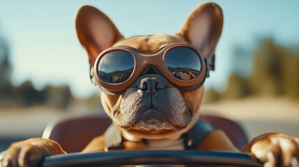 Close-up of a funny french bulldog with goggles in a pedal car