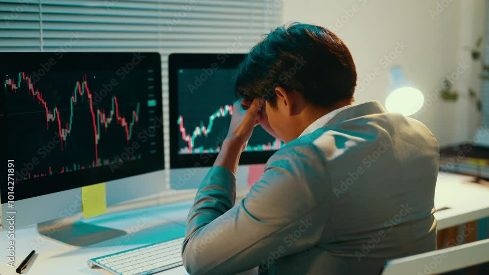 Poster young asian stock trader is feeling stressed while working at his desk. he is touching his head with
