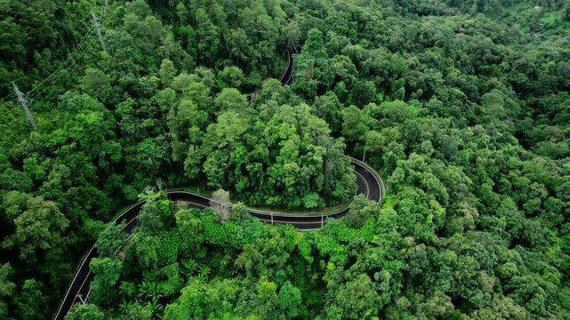 Aerial view of a road curve to Pai, ,High angle view of the forest road up the mountain to Pai, Mae Hong Son.
