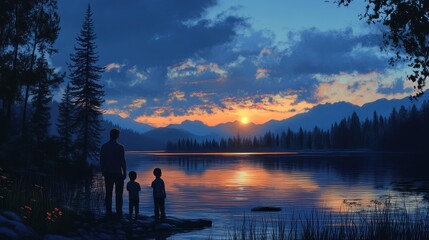 Fototapeta premium Family by the lake at dusk