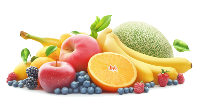 Vibrant pile of fresh fruit on transparent background. Stock style. High res. Exotic elements. Realistic.