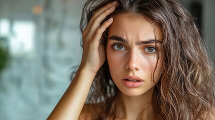 Fototapeta premium A woman concerned about hair thinning and loss, growth treatments and scalp care. This addresses stress related hair fall and explores solutions, hormone, worry, shampoo