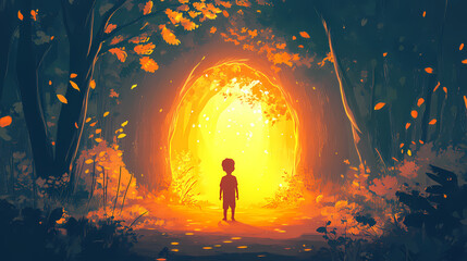 Fototapeta premium Child entering a magical forest. Magical Forest Portal. Illustration