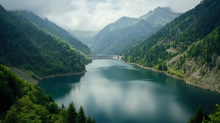 Obraz premium Serene mountain lake surrounded by lush greenery.