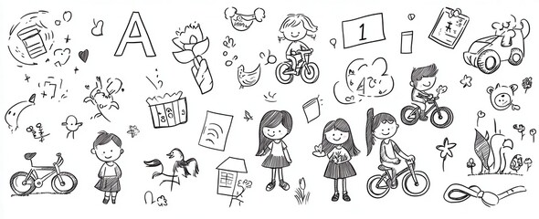 Cute doodle-style illustration with simple lines and shapes, featuring various school icons, along with children's drawings such as kids playing on playgrounds, girls holding flowers