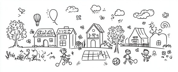 Hand-drawn doodle-style icons of a school, playground, and children playing in the park. Vector line art with a white background and black outline. 
