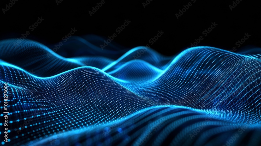 Poster abstract 3d blue wave of glowing particles on a dark background