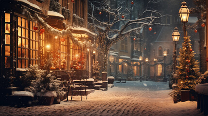Snow Covered Street Night Scene with Street lights Holiday spirit ~ Created using Generative AI