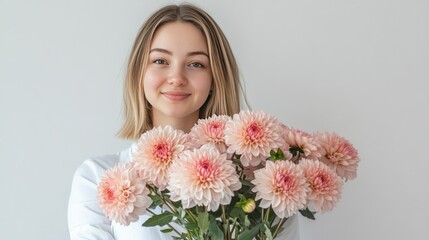 Naklejka premium A young woman with long blonde hair smiles and holds a large bouquet of pale pink dahlias in front of a white wall.