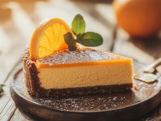 A vibrant slice of orange cheesecake on a rustic wooden table