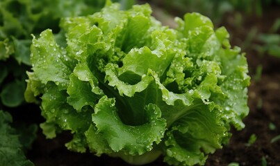 Fresh green lettuce leaves with dew drops in a garden.