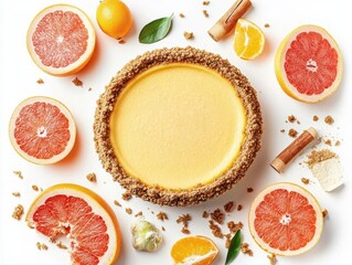 A whole grapefruit cheesecake with a crumbly graham cracker crust
