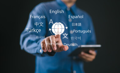 Multilingual Language Translation, Communication Concept. A person with icons various languages,...