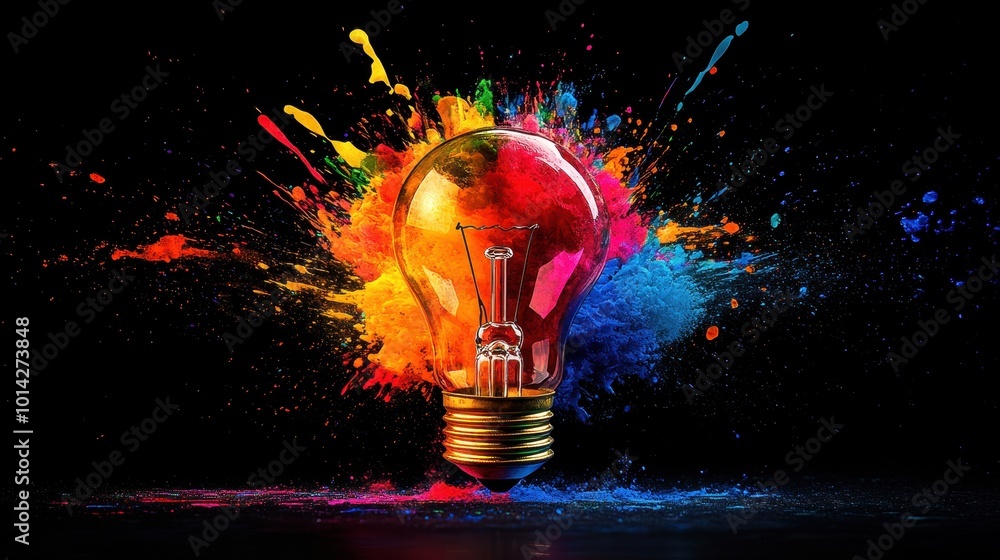 Poster creative light bulb explodes with colorful paint and splashes on a black background. think different