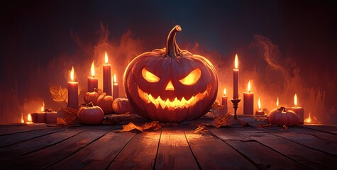 Fototapeta premium Scary Halloween Pumpkin on Wooden Planks Background