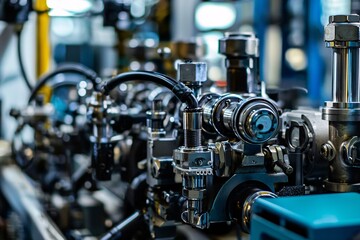 Obraz premium Dynamic hydraulic systems demonstrate the artistry of precision engineering and fluid dynamics within complex machinery in industrial environments.