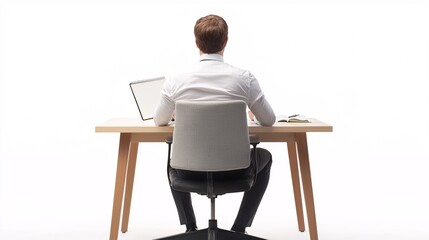 An interviewer sits at a sleek desk with an open notebook, poised for dialogue against a clean white backdrop, perfect for a poster or mockup.