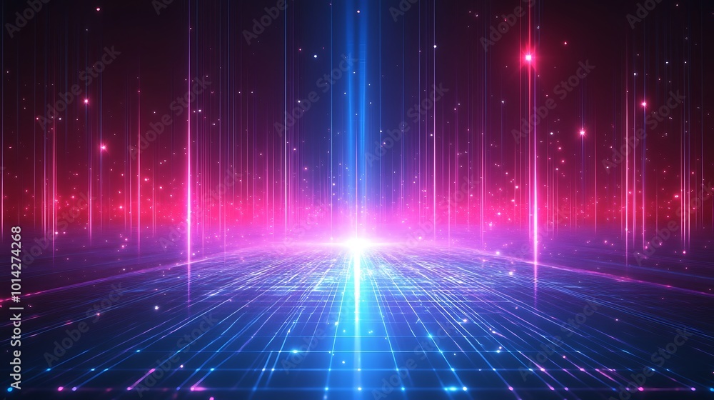 Poster Abstract futuristic background with glowing lines and particles.