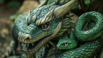 A detailed photograph of a green wooden dragon entwined with a green snake. The intricate wood carving and textured scales give the figure a realistic appearance