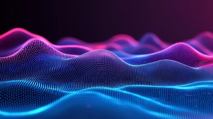 Abstract digital wave pattern with pink and blue neon lights on a black background.