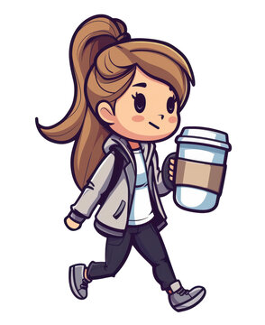A vibrant tshirt design featuring a cute cartoon woman in office attire, struggling yet stylishly carrying a giant coffee mug.