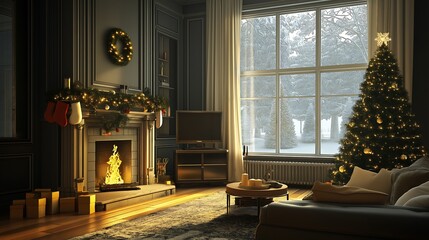 Cozy living room with fireplace and Christmas tree, festive atmosphere, 3D illustration.