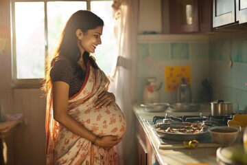 Maternal Serenity: pregnant Indian woman, grace of impending motherhood, portrayed in traditional clothing with cultural motifs, reflecting joy, significance of this special time in her life.