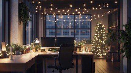 Office space with subtle Christmas decorations and cozy lighting, 3D illustration.