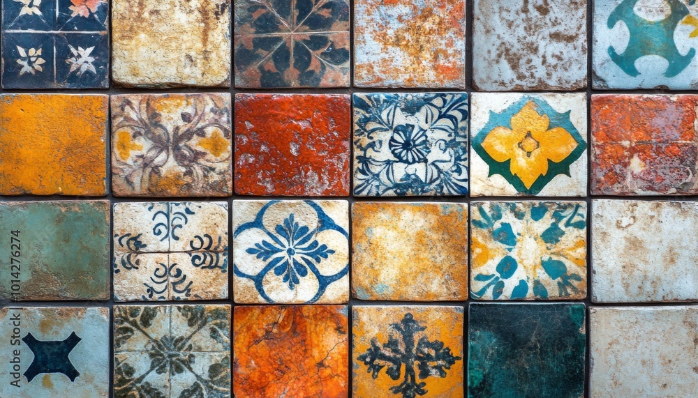 Poster a close-up view of a colorful mosaic tile wall with various intricate floral patterns.