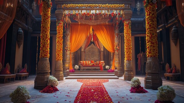 The decoration and interiors of the hindu wedding mandap