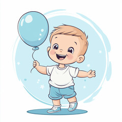 Preschool boy with blue balloon in hand smiling. Blond child rejoices