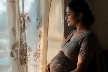 Maternal Serenity: pregnant Indian woman, grace of impending motherhood, portrayed in traditional clothing with cultural motifs, reflecting joy, significance of this special time in her life.