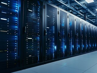 Server Room with Rows of Black Cabinets
