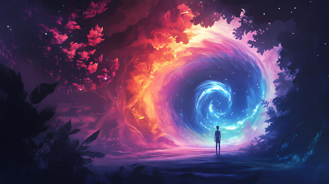 Describe a colorful, imaginative world with fantastic creatures, such as fairies, dragons or space creatures ai generated. Magical Forest Portal. Illustration